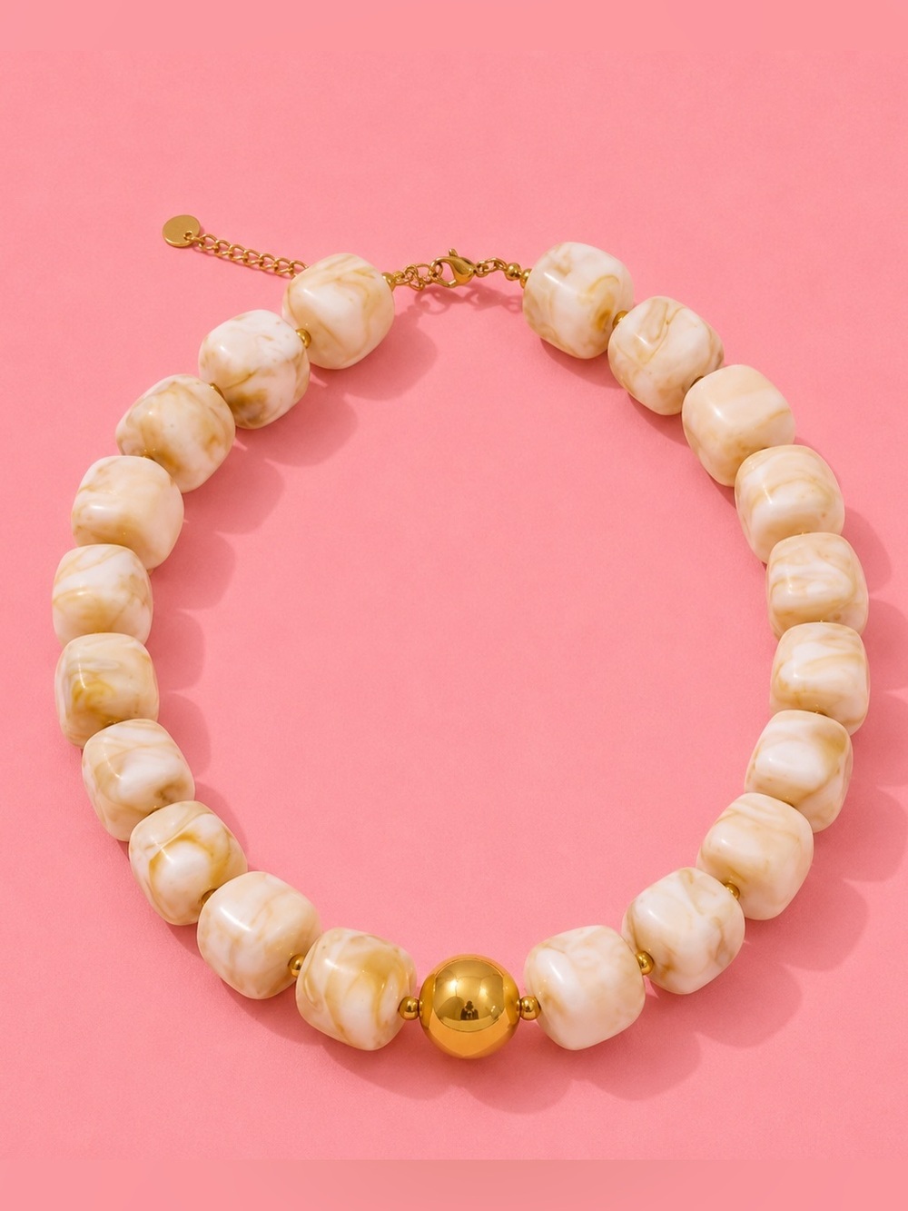 Cream Marble Bead Necklace with Gold Accent